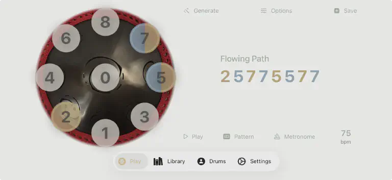 Handpan patterns displayed in DrumFlow app showing numbered note sequences